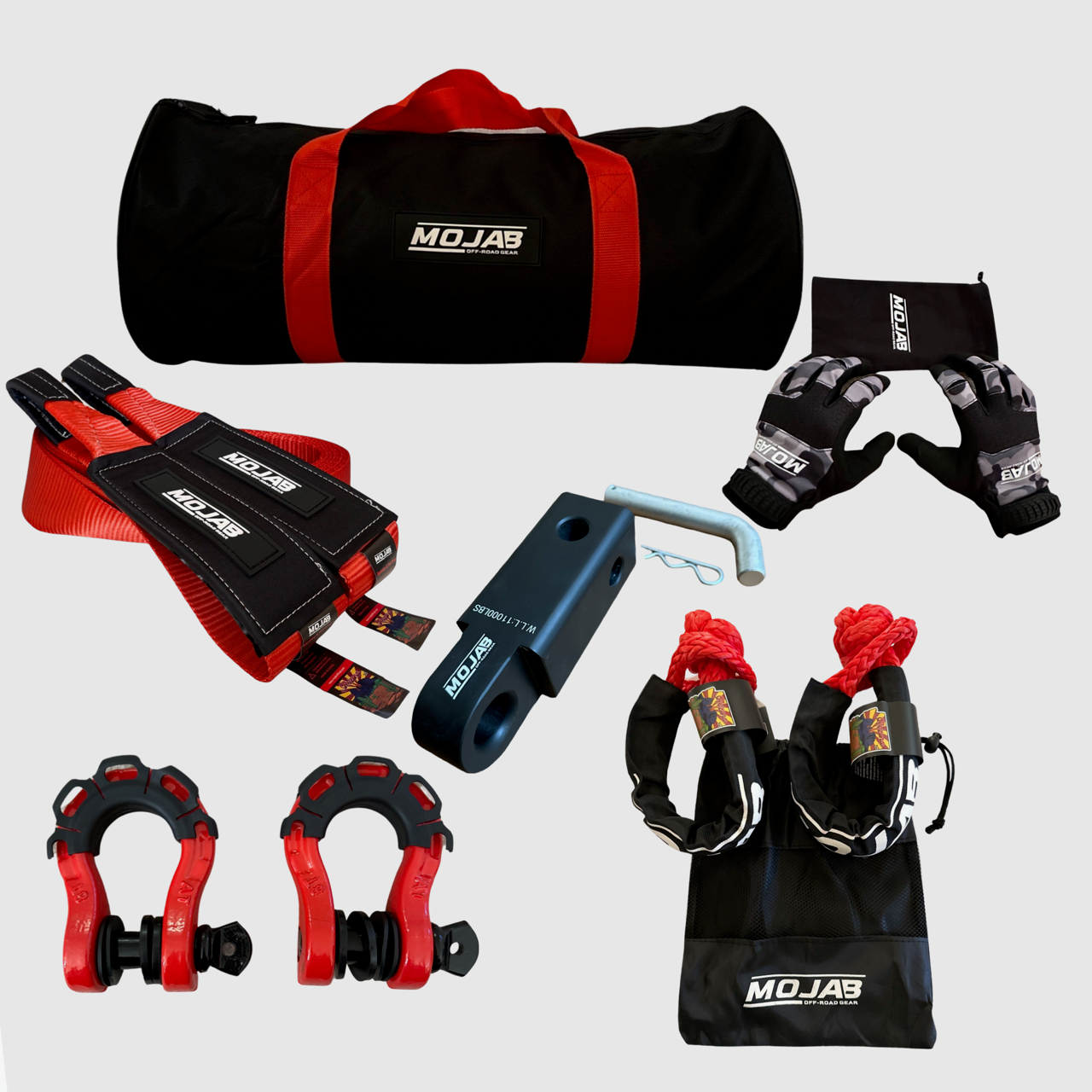 Supreme Recovery Kit with tow strap, soft shackles, gloves, aluminum hitch receiver, steel shackles, and storage bags