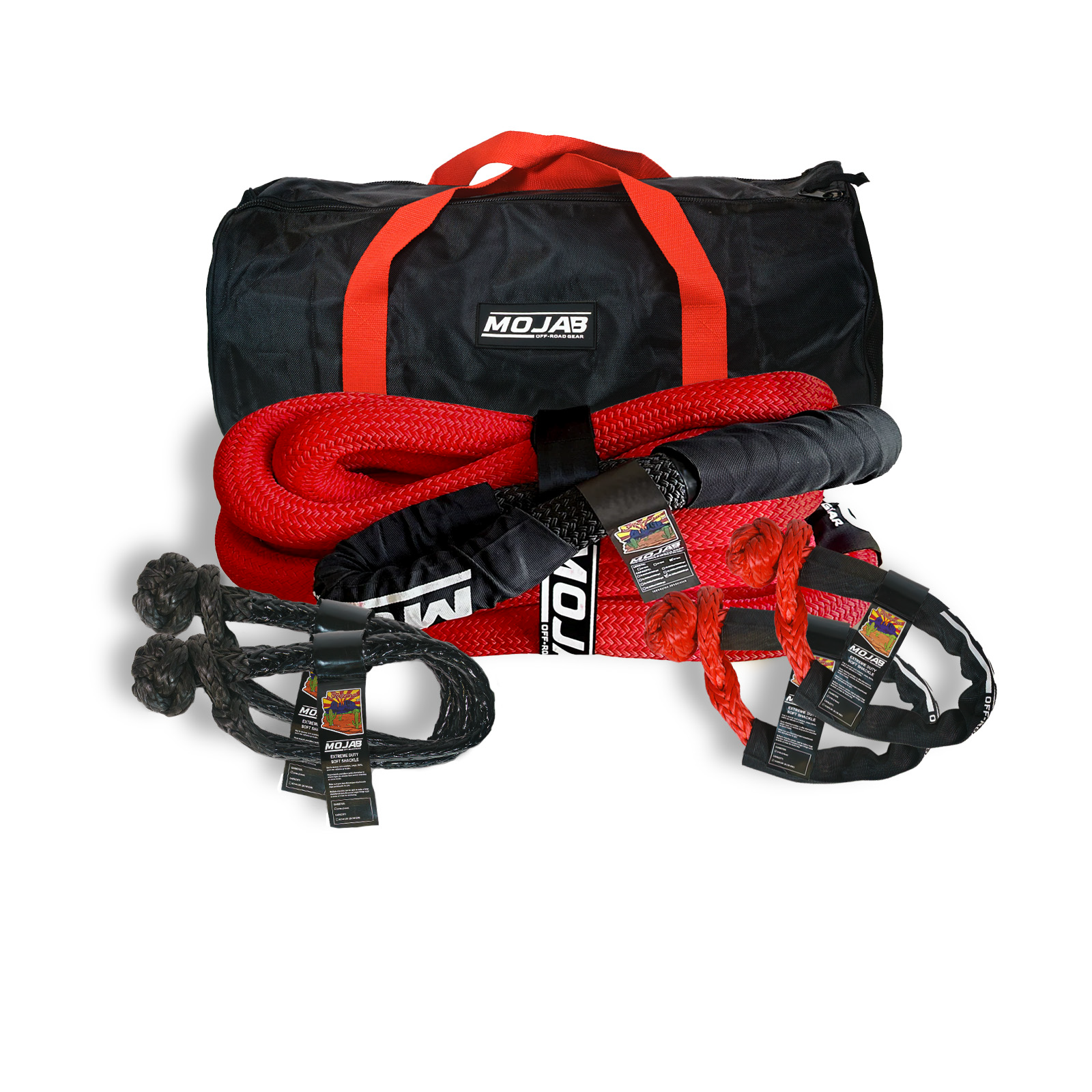Elite Recovery Kit with kinetic rope, soft shackles, steel shackles, and storage bags in weather-resistant bag
