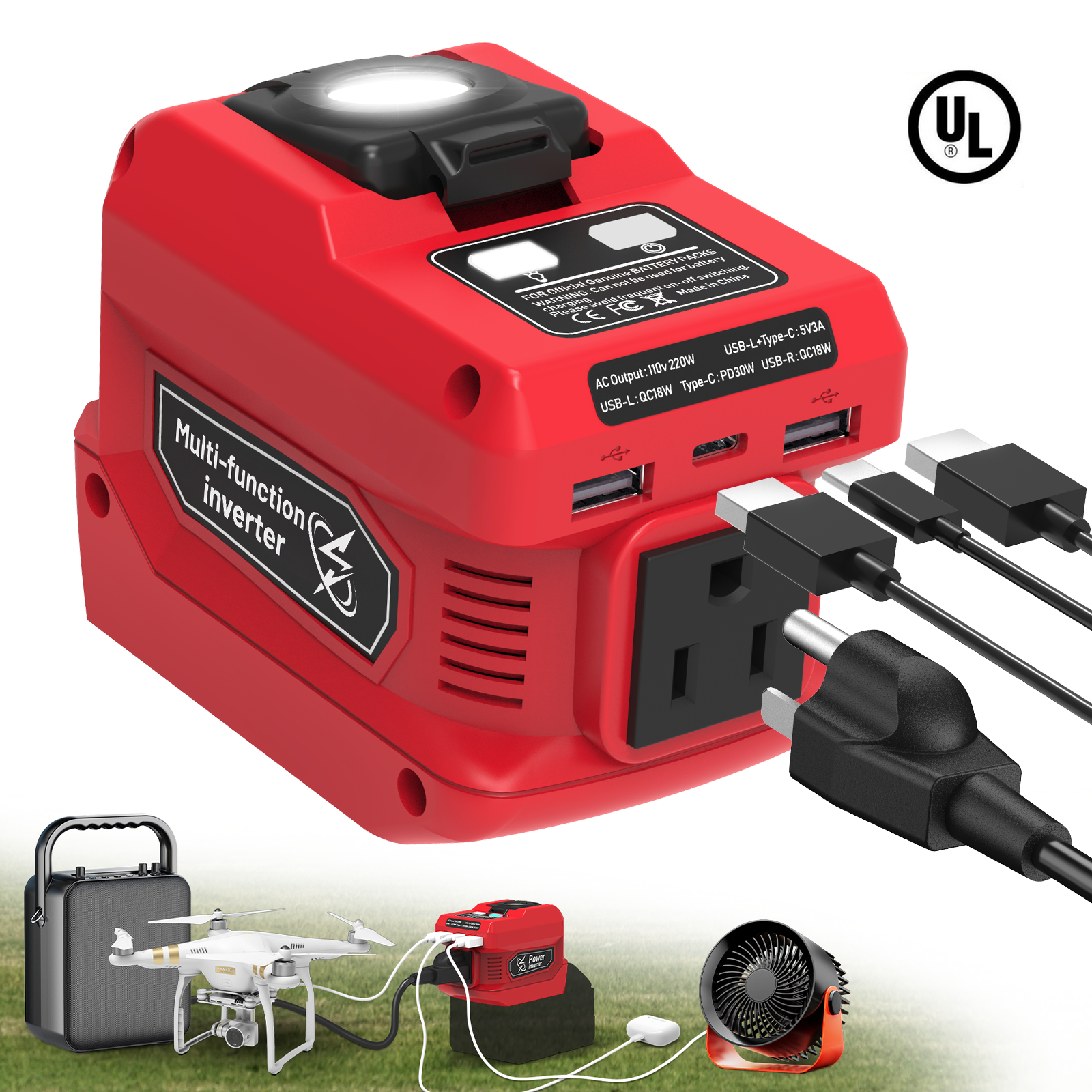 220W Portable Power Generator for Milwaukee 18V batteries with USB ports, LED light, and AC outlet, powering gadgets outdoors