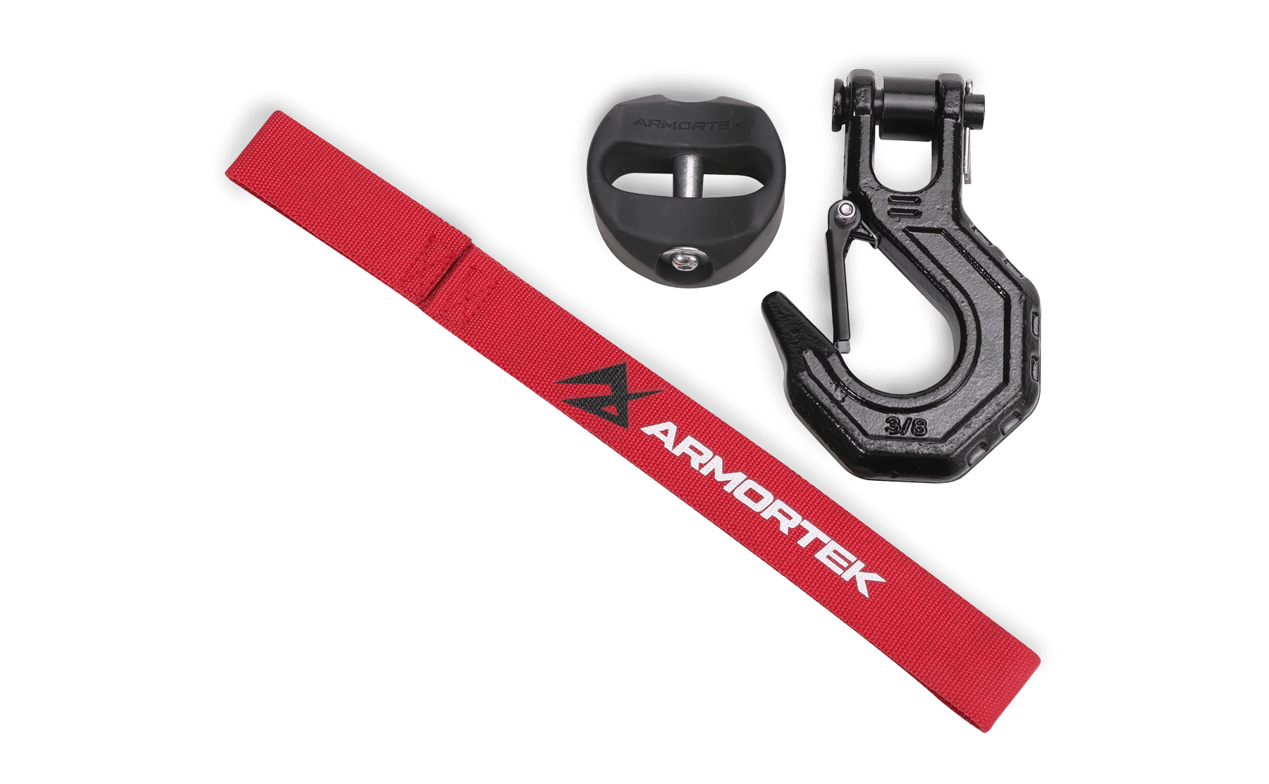 Armortek black winch hook kit with red hand saver strap and rope stopper for 5/16 to 7/16 inch ropes, rated 22000 lbs