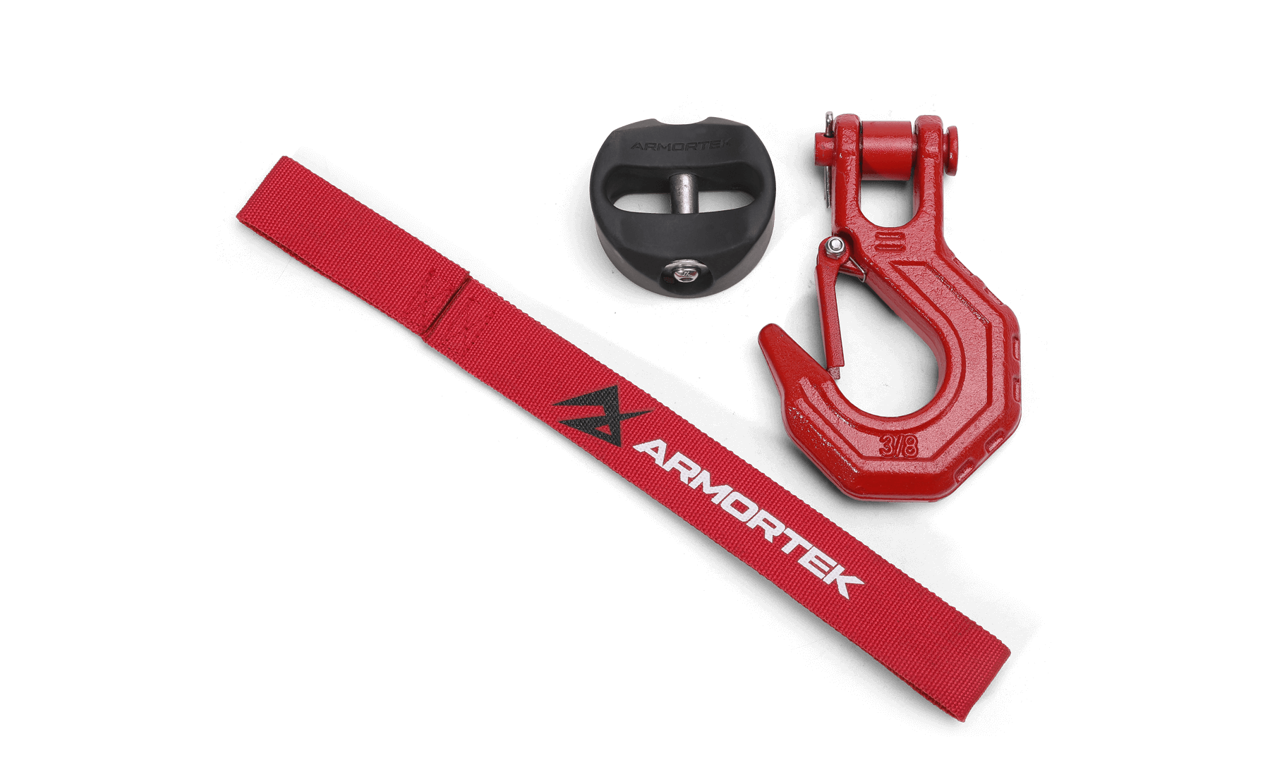 Armortek red winch hook kit with black rope stopper and red hand saver strap for 5/16 to 7/16 inch rope, rated 22000lbs
