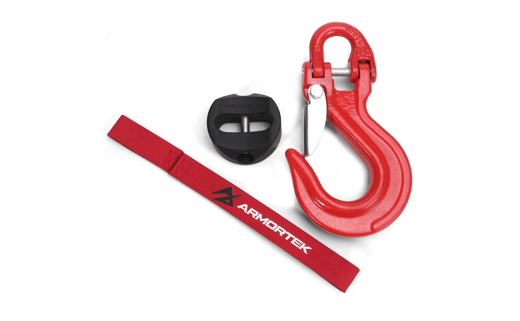 Armortek red heavy-duty winch hook kit with rope stopper and hand saver for 9/16" rope, rated 35200lbs