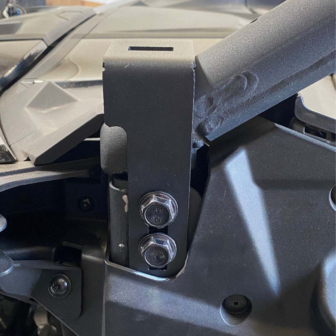 Maverick R A-Pillar Brackets mounting auxiliary lights on Can-Am Maverick R roll cage without drilling