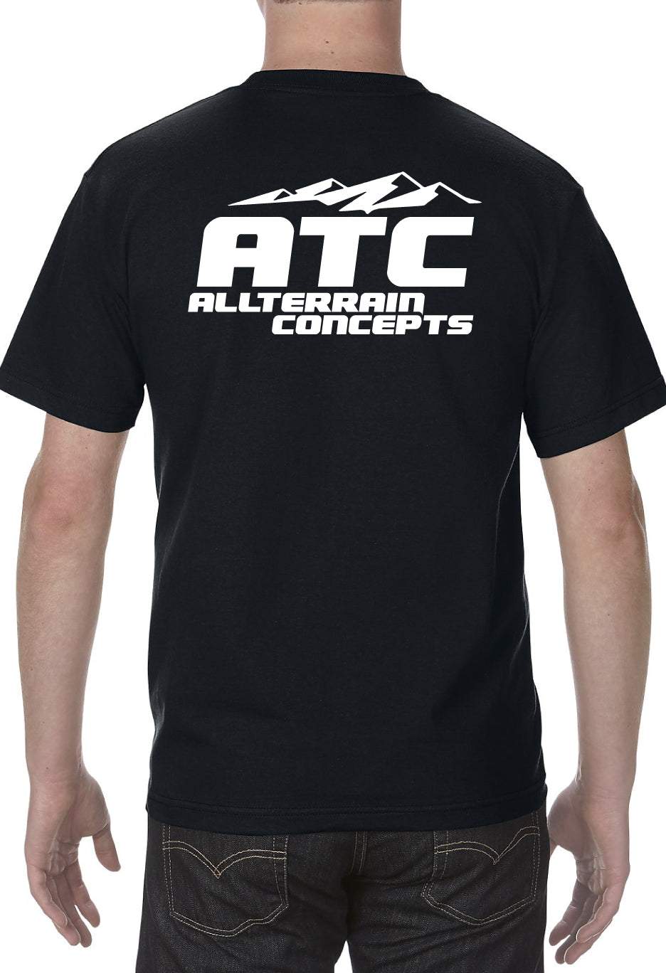 Black short sleeve ATC T Shirt with All Terrain Concepts logo on back, 100% cotton, available in multiple sizes.