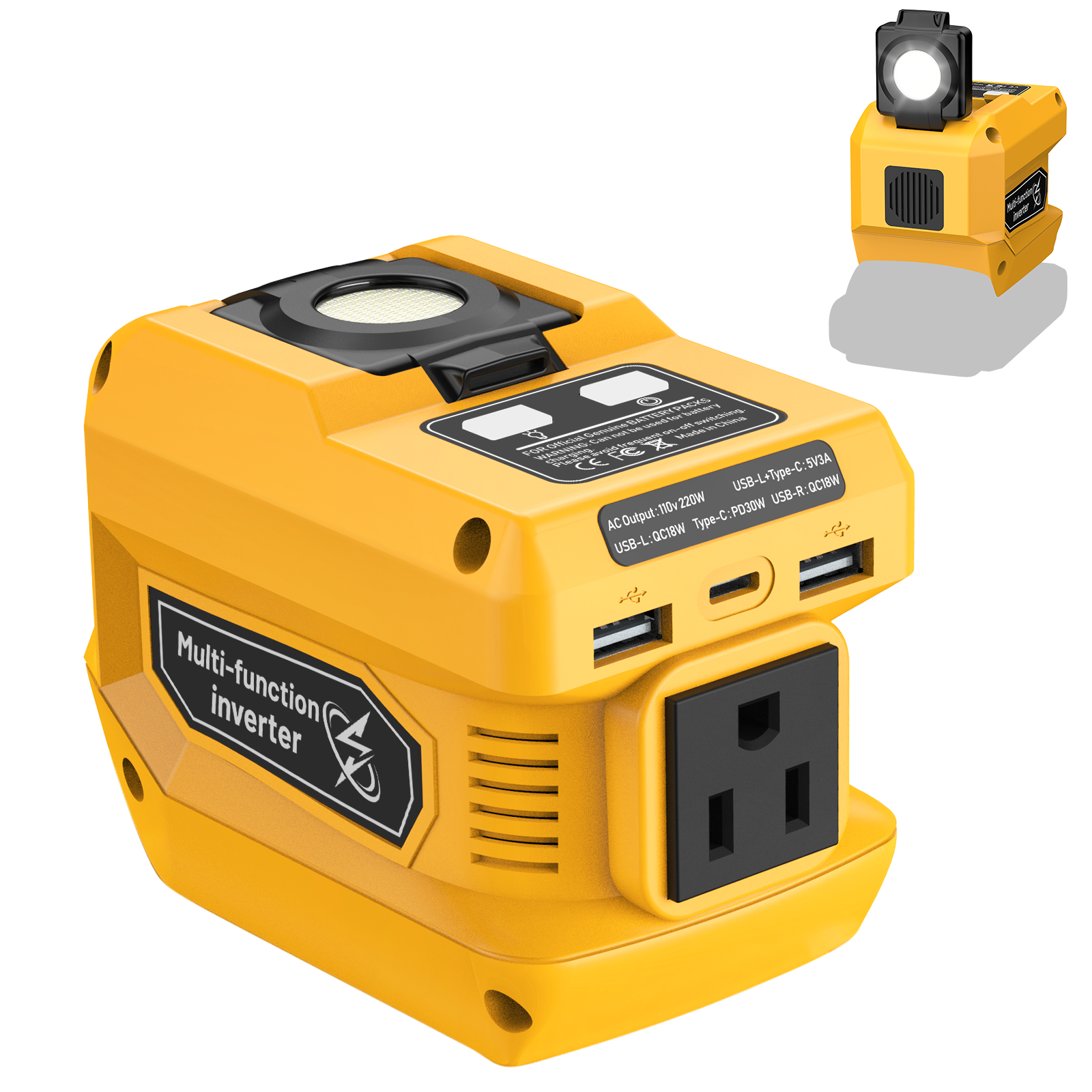 220W power inverter with LED work light, USB ports, and AC outlet compatible with DeWalt 20V/18V batteries