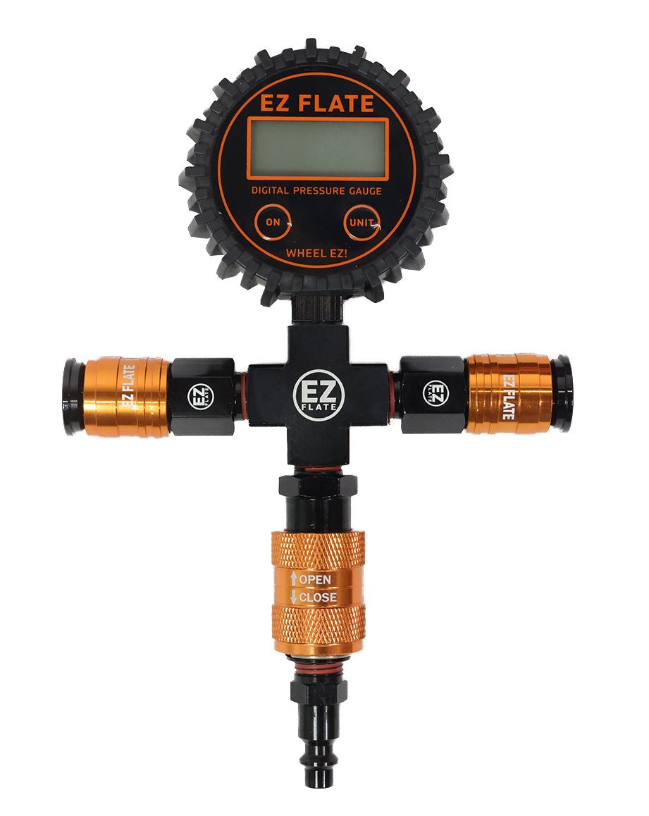 EZ FLATE Air System Manifold with push-to-connect couplers, digital gauge, and slide valve for easy air flow control