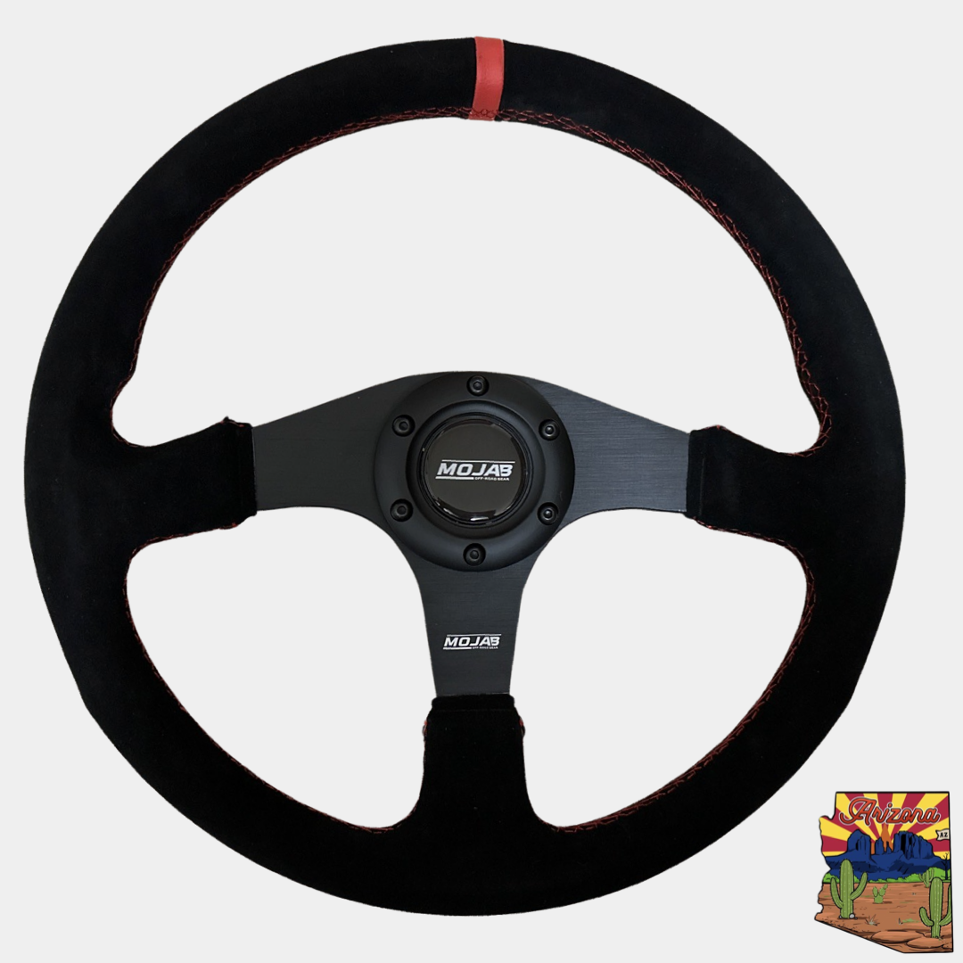 13.5'' MOJAB Flat Steering Wheel in black suede with red stitching and aluminum spokes