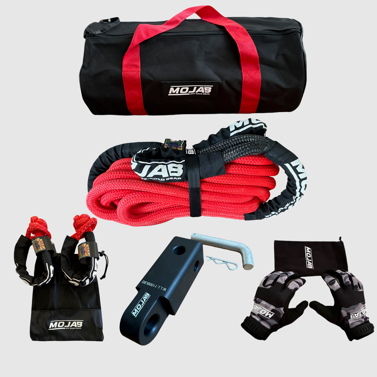 Mojab Pro Recovery Kit with kinetic rope, soft shackles, hitch receiver, gloves, and storage bags