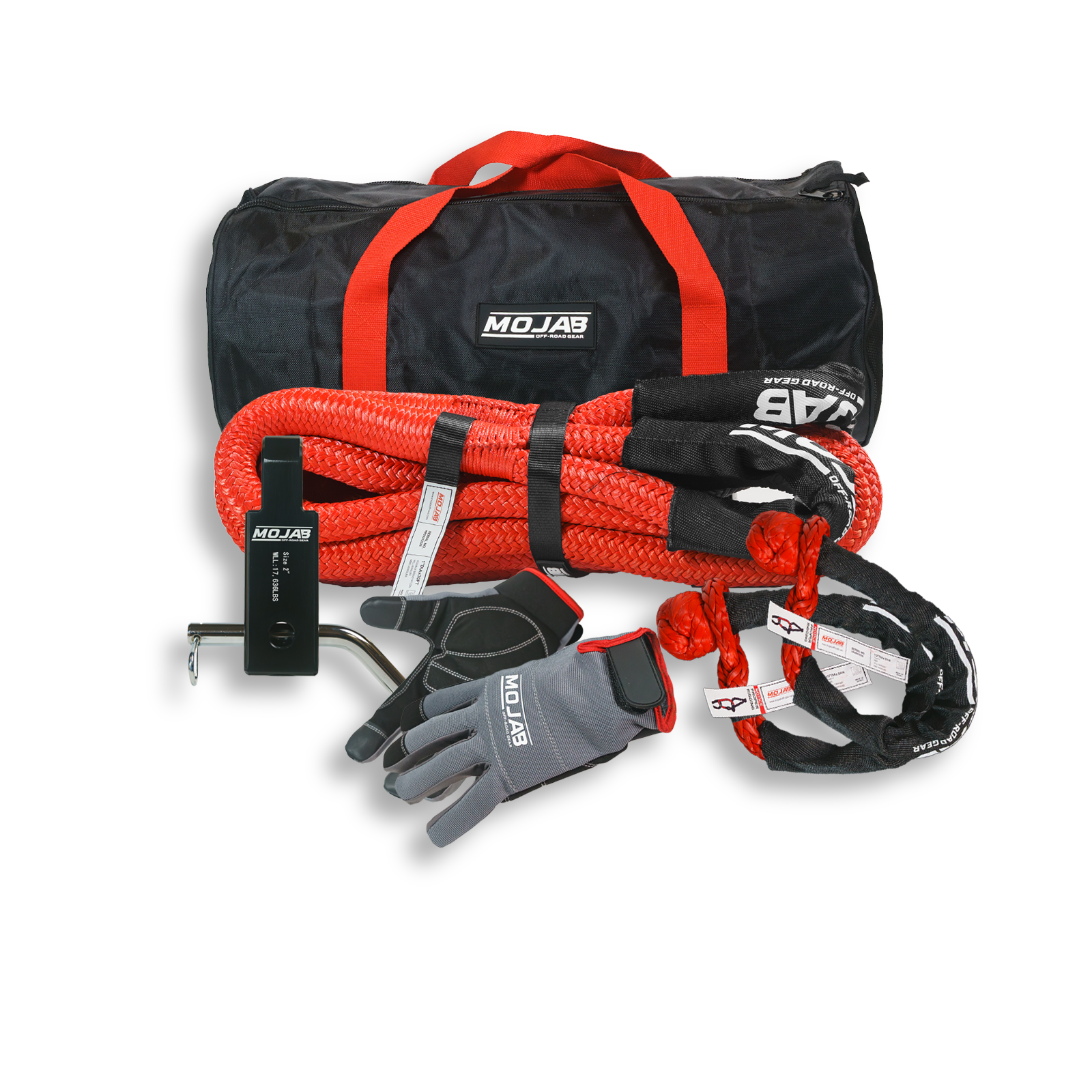 Mojab Pro Recovery Kit with kinetic rope, soft shackles, gloves, aluminum hitch receiver, and storage bags
