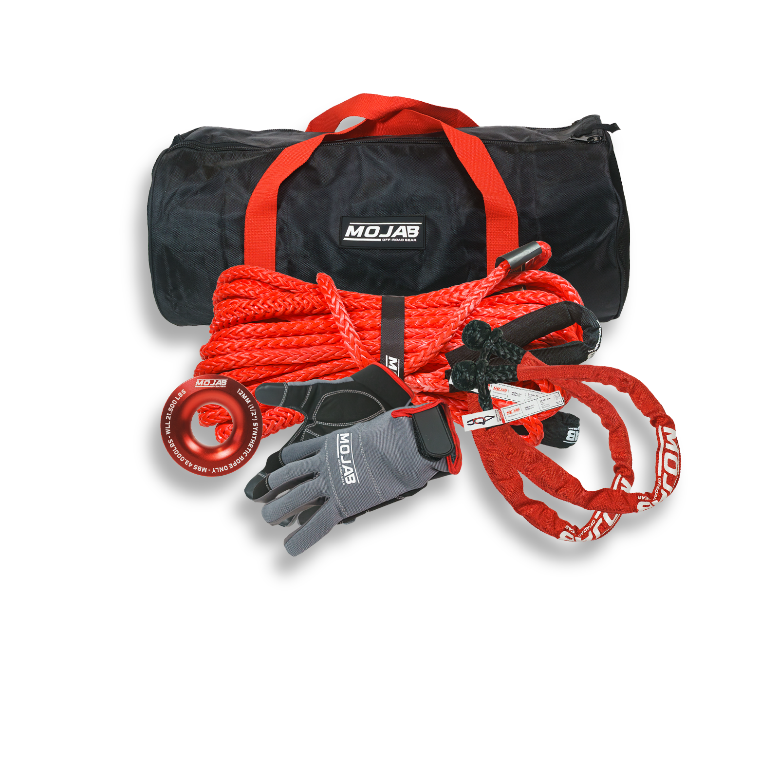 Extended Prime Recovery Kit with soft shackles, winch line extension, snatch ring, gloves, and storage bags