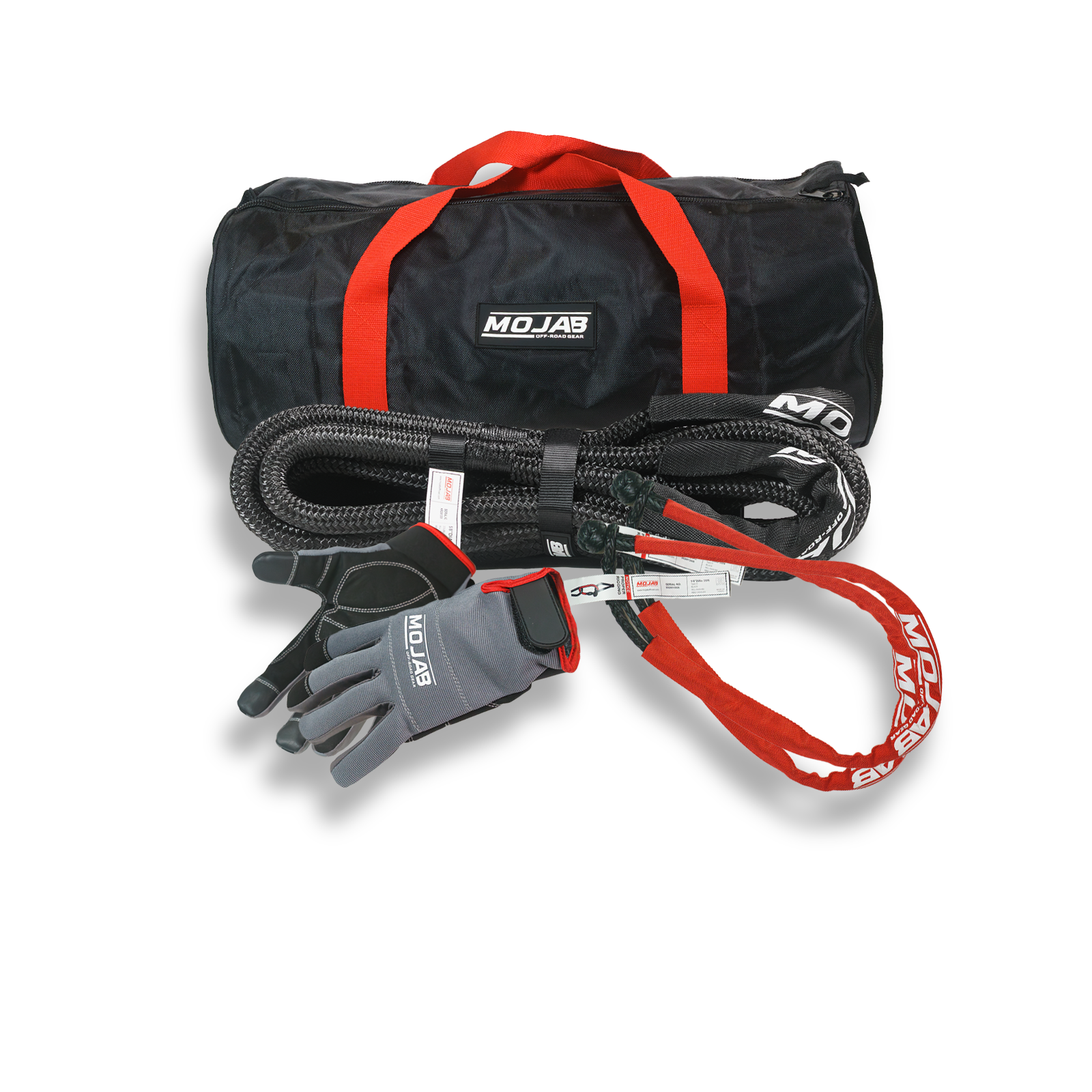 UTV ATV essential recovery kit with kinetic rope, hitch receiver, soft shackles, gloves, and storage bags