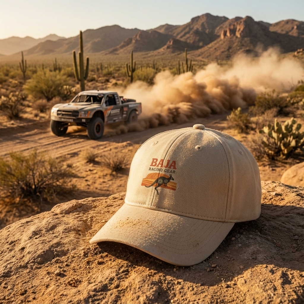 Baja Racing Gear Desert Kangaroo Dad Hat with desert stripe kangaroo logo in dusty Baja off-road setting