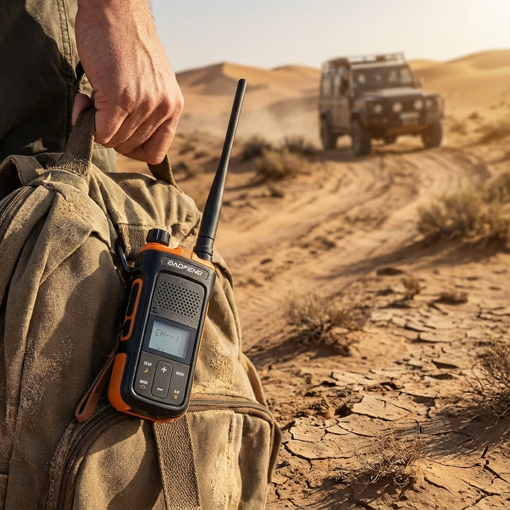 Baofeng UV-11 GMRS handheld radio with dual display and 5 watt power in desert setting