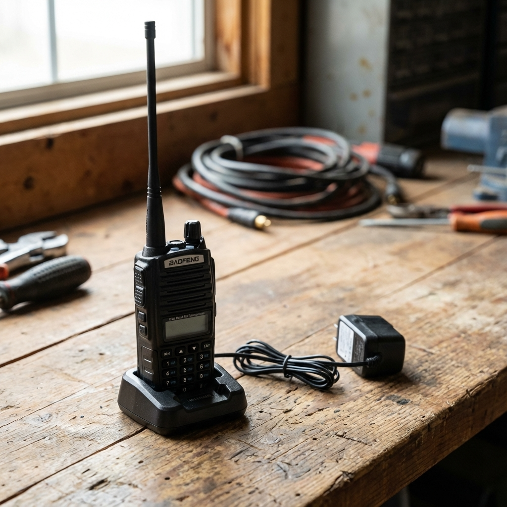 Baofeng UV-82c dual band walkie talkie with long antenna and charger on wooden workbench