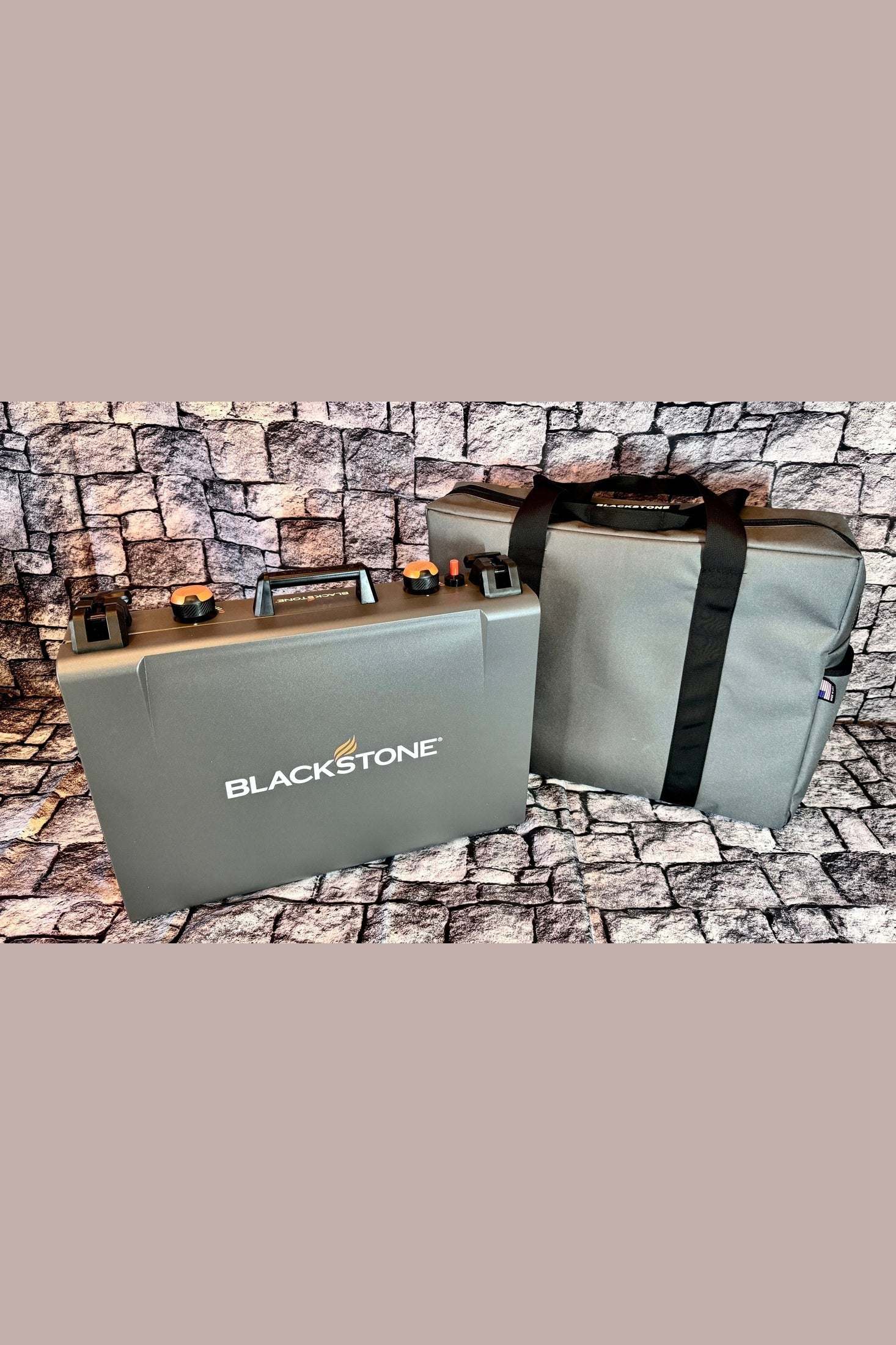 Black Stone 14" Padded Grill Bag next to a Blackstone 14” propane camping griddle case on stone surface