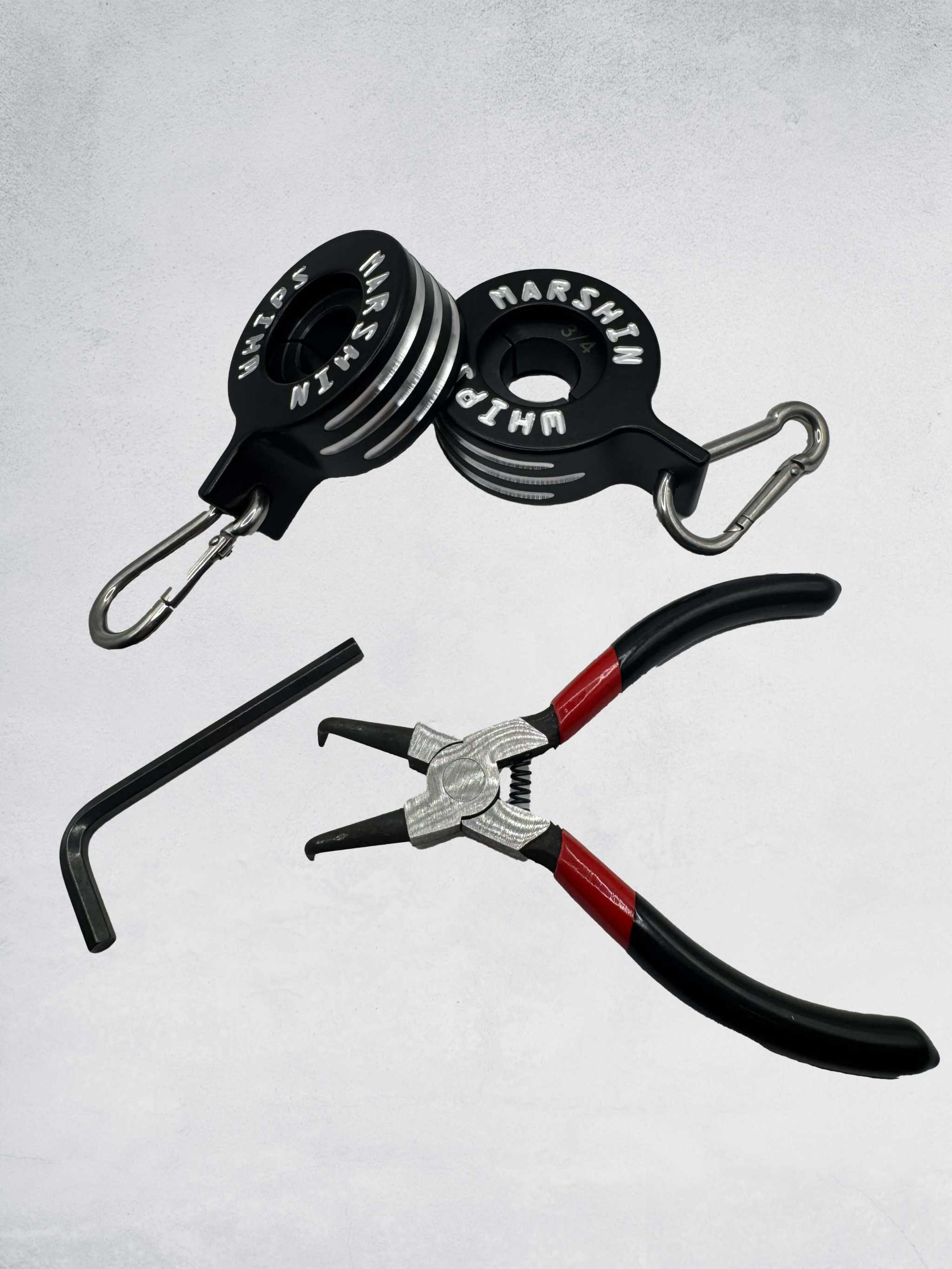 360° Flag Clips with carabiner, Allen wrench, and pliers for tangle-free flag flying on Marshin LED whips