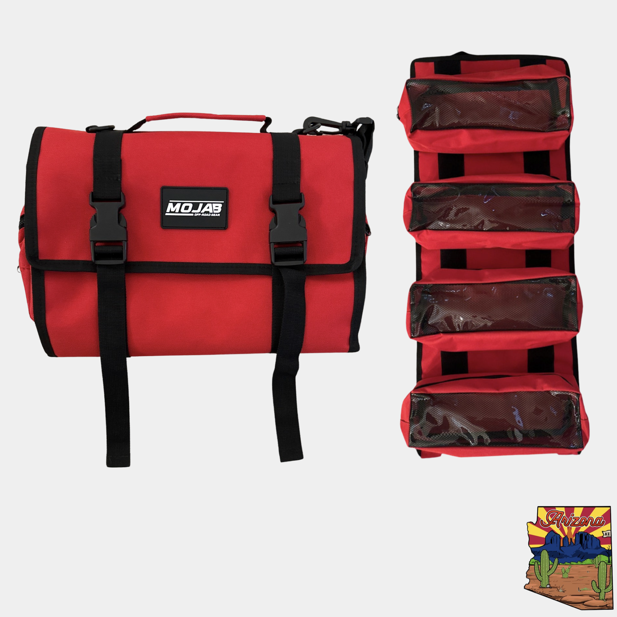 Red canvas tool organizer bag with four removable pouches and black straps for easy carrying and tool storage