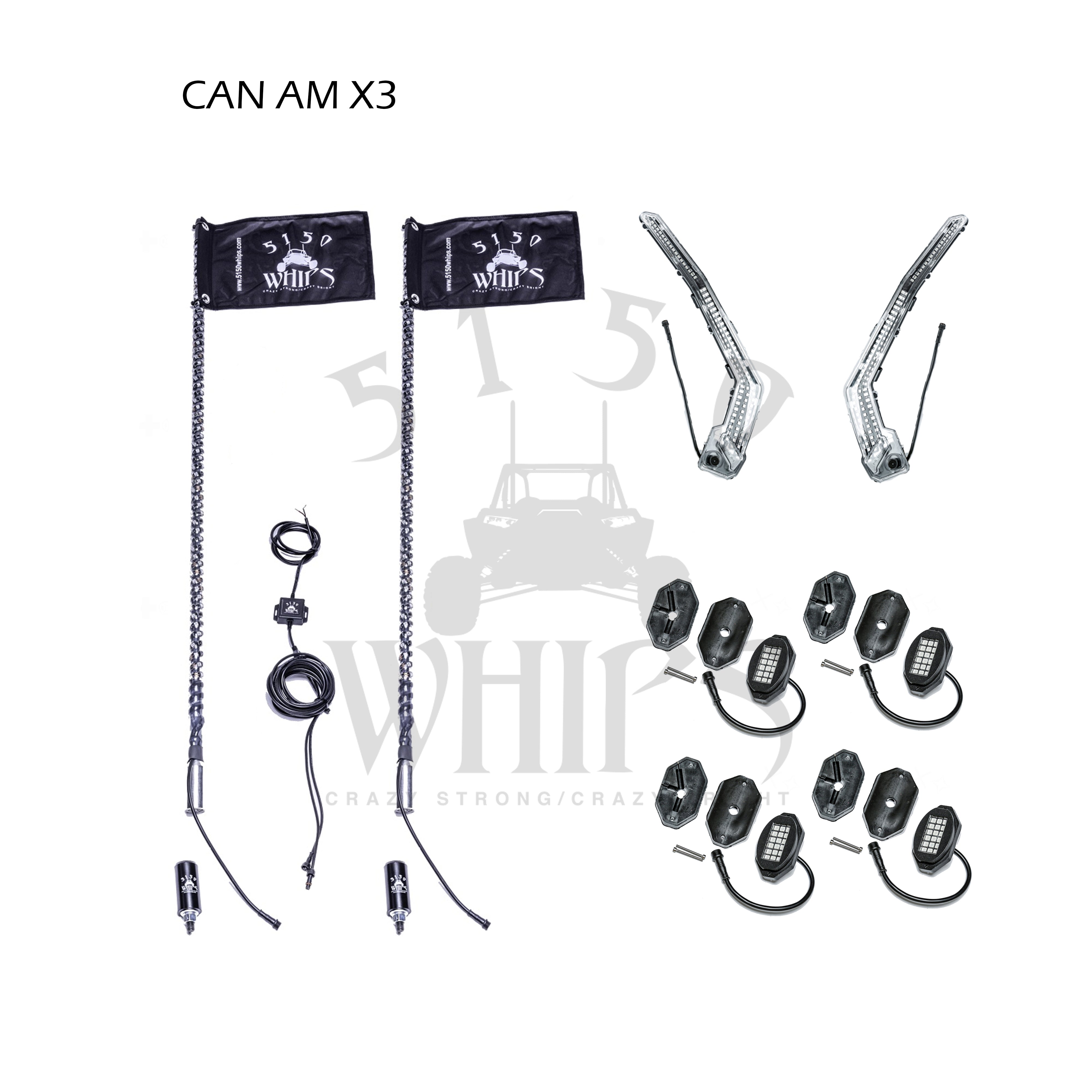 Can-Am Maverick X3 with 187 LED lighting kit featuring LED whips, rock lights, and synchronized app control