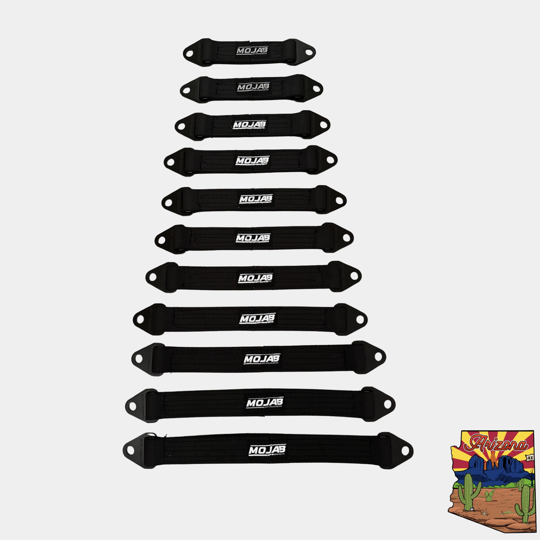 Set of black durable limit straps with 4130 chromoly strap tabs in varying lengths from 10 to 30 inches