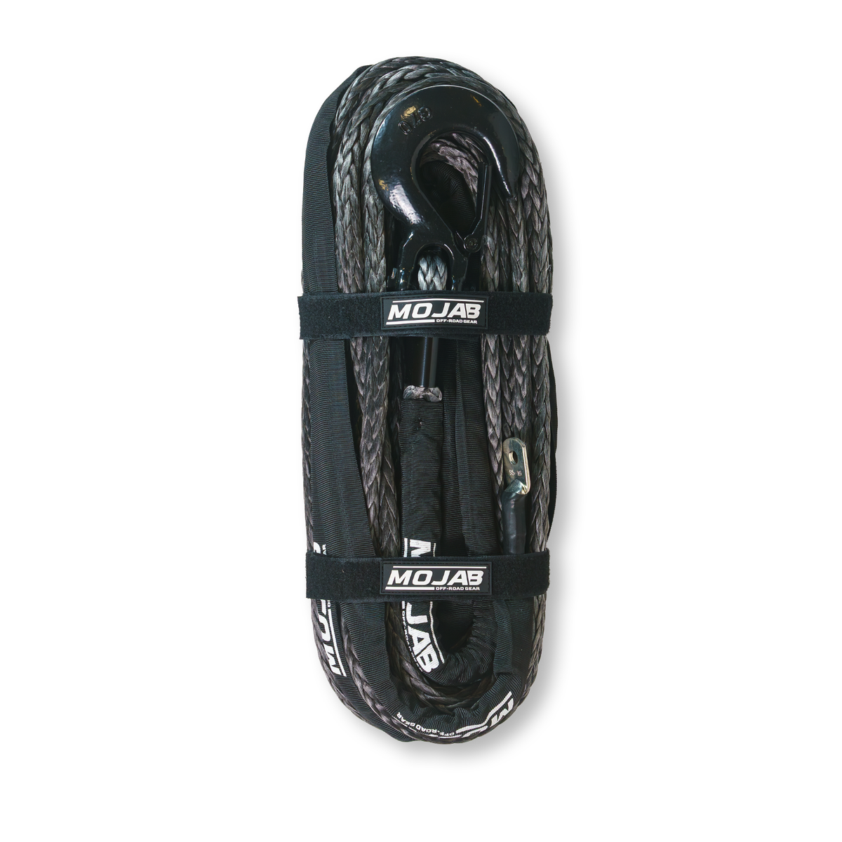 Synthetic 1/2 inch x 78 ft winch rope with forged hook and black protective sleeve