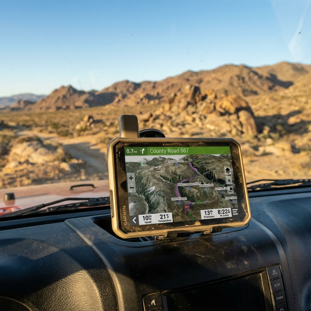Garmin Tread Overland 8-inch rugged GPS navigator mounted on vehicle dashboard with trail map display in desert landscape
