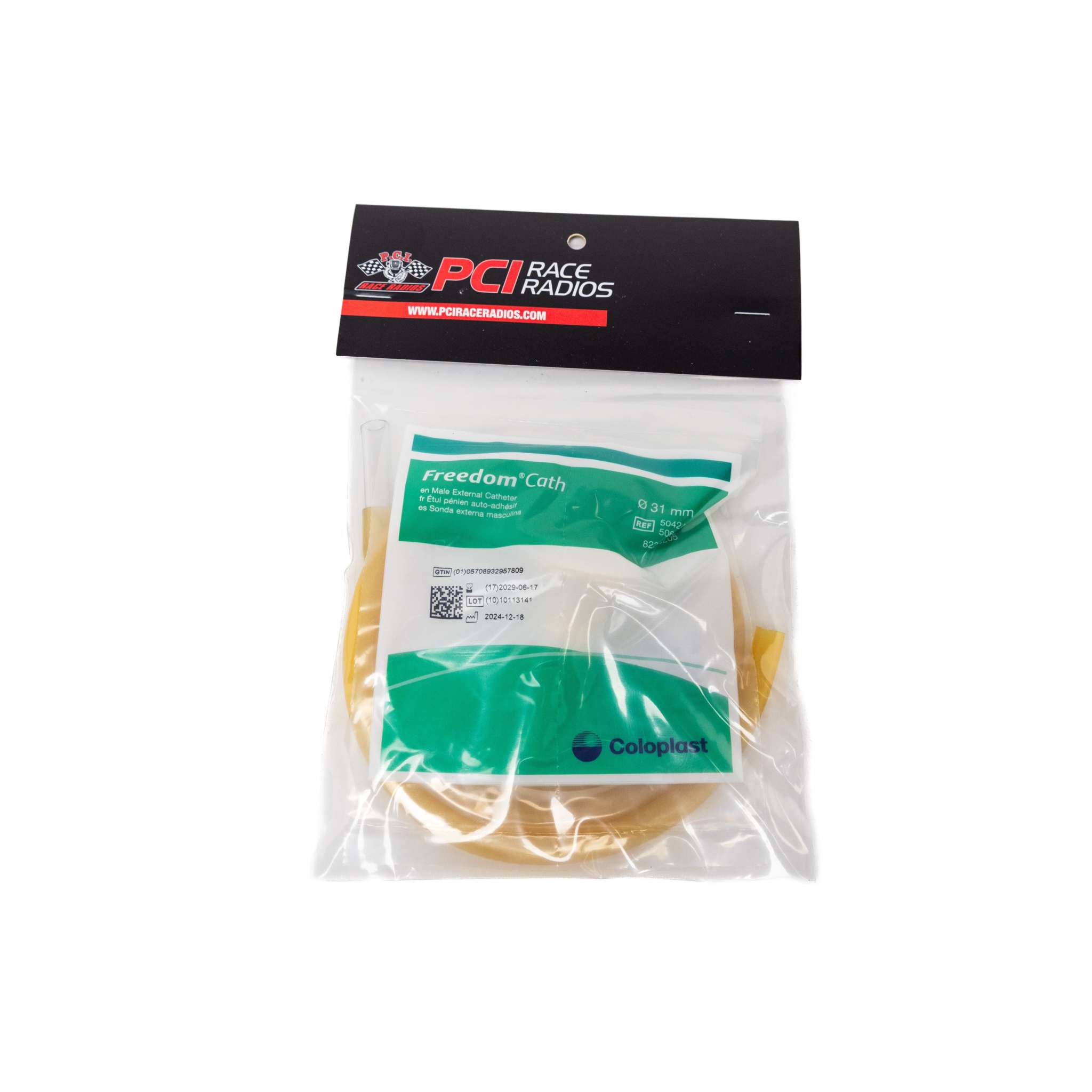 Male external racing catheter kit in clear packaging for secure fit