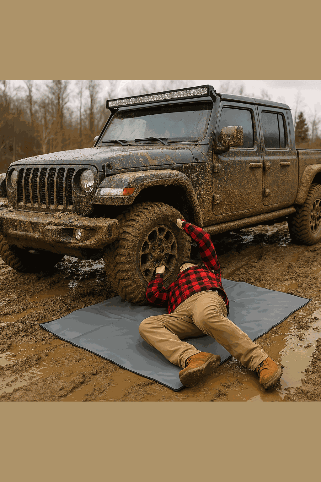 Tony Ground Mat in use under a muddy vehicle to protect gear and keep clean.