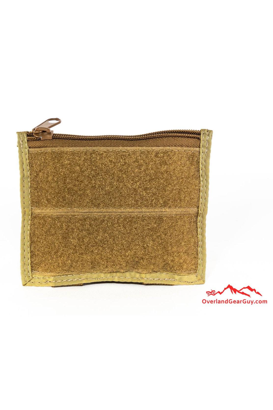 Compact MOLLE Front Coin Pocket with Velcro front panel and zipper, tan color, durable design