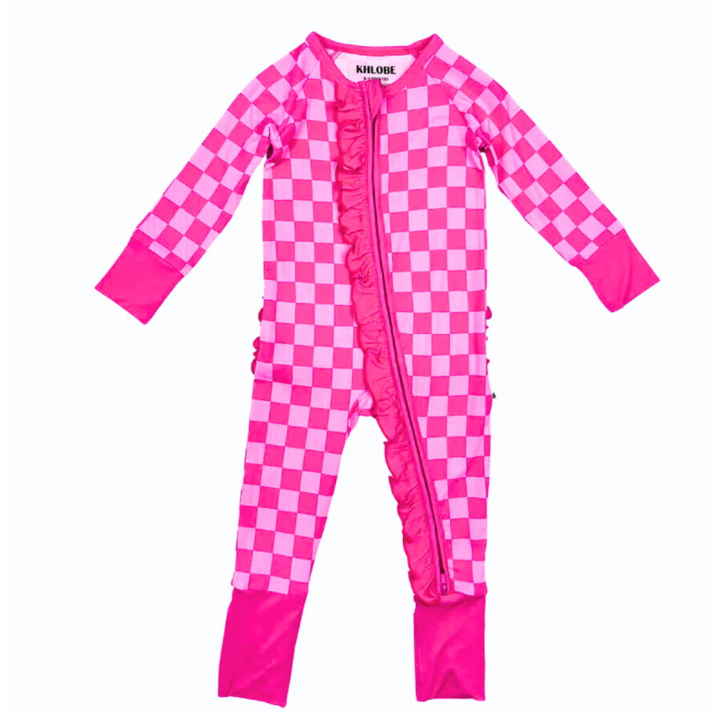 Pink checkered baby onesie with ruffle detail and zipper for easy diaper changes, featuring fold-over mittens and footies with grips.
