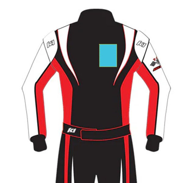 Custom racing suit with passport pocket upgrade and red, black, and white design