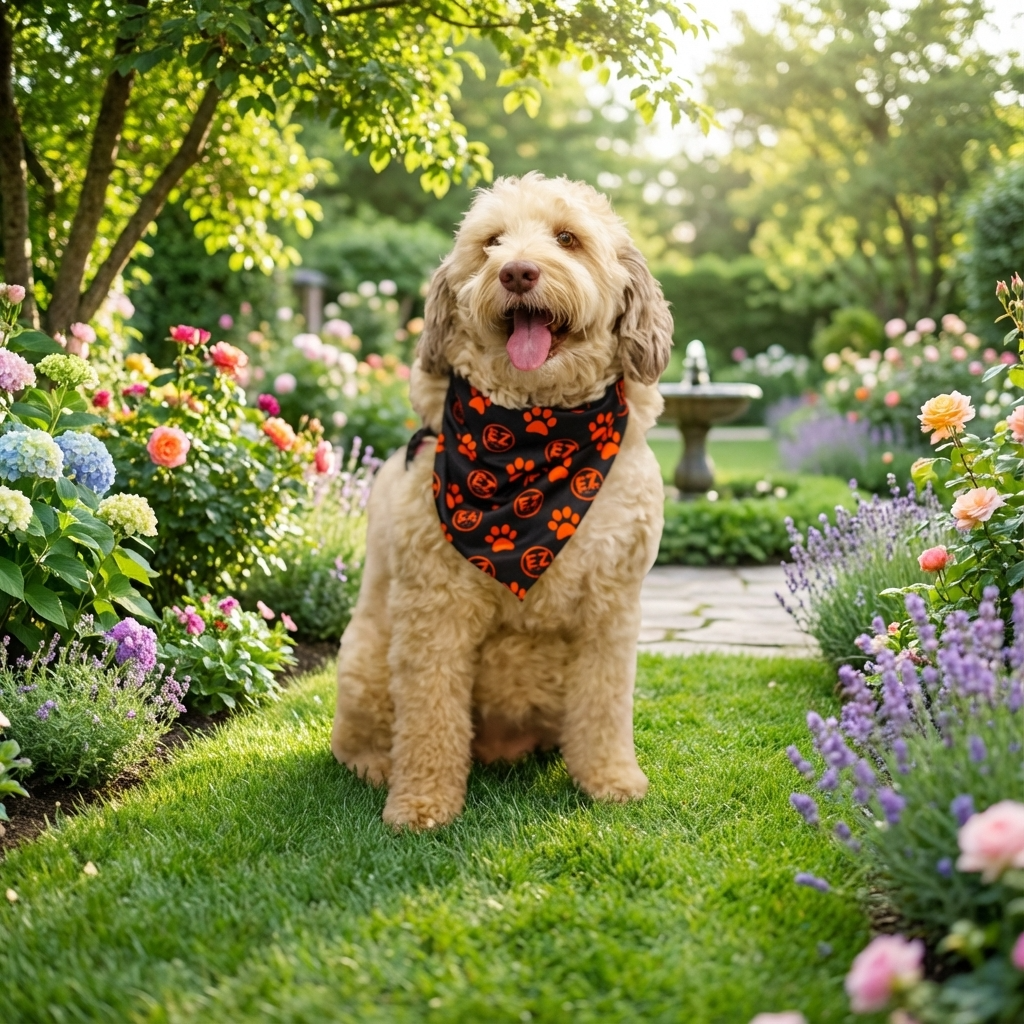 Dog wearing a lightweight black and orange bandana sitting in a colorful garden