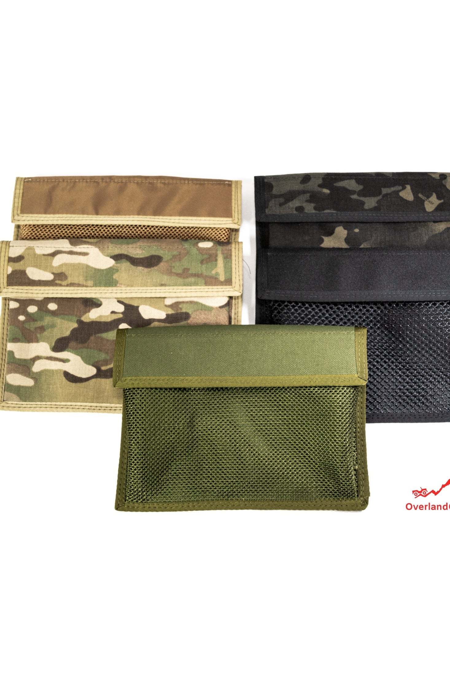 EDC organization pouches in various camo and solid designs with mesh and multiple compartments