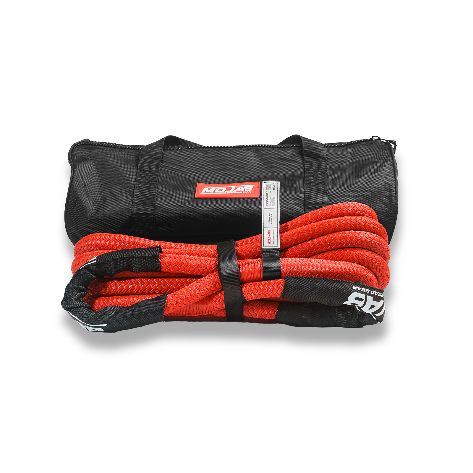 7/8-inch x 30-foot kinetic rope for vehicle recovery with high-strength nylon, double eye-loops, and storage bag