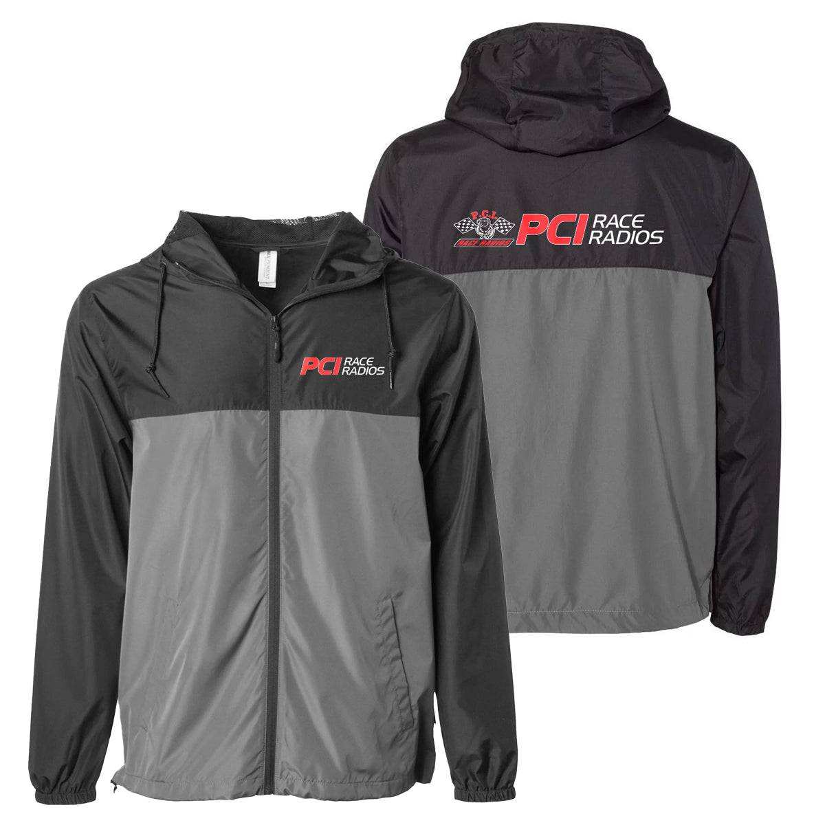 Lightweight packable windbreaker jacket with water-resistant polyester fabric, zip front, scuba neck, mesh-lined hood, and welt pockets