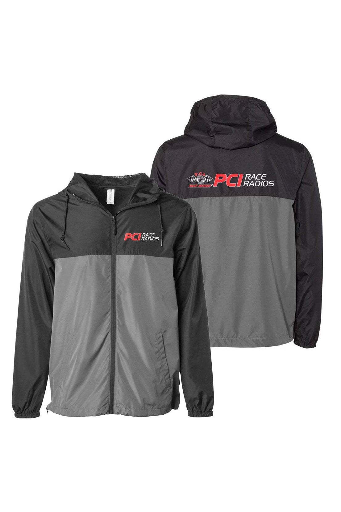 PCI Lightweight Packable Windbreaker Jacket, water-resistant, black and gray, outdoor wear, front and back view.