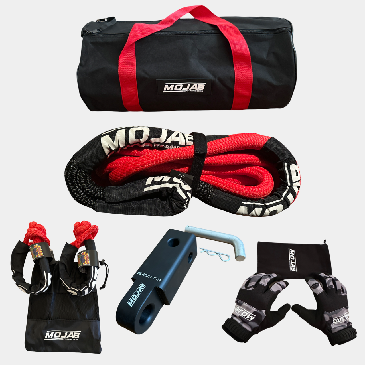 Mojab Prime Recovery Kit with kinetic rope, soft shackles, aluminum hitch receiver, gloves, and storage bags