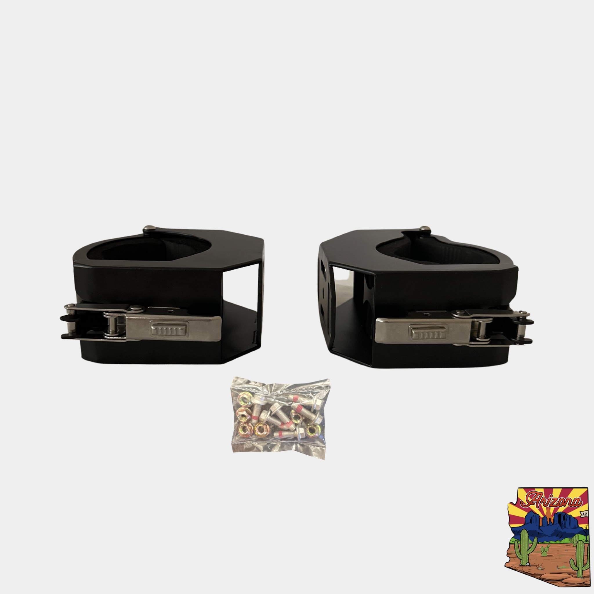 Heavy duty mounting clamps set with hardware for securing hydraulic jack and handle