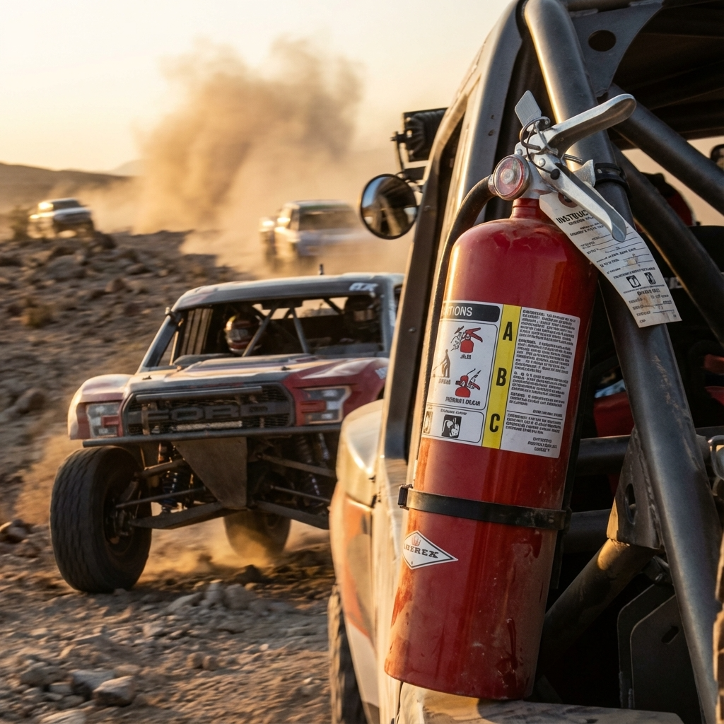 Red fire extinguisher mounted on off-road race vehicle for emergency fire safety.