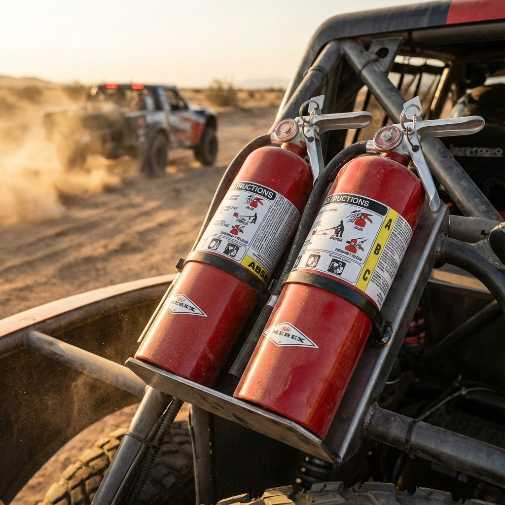 Extintor rojo para carreras todoterreno: diseño compacto para mayor seguridad en tus aventuras