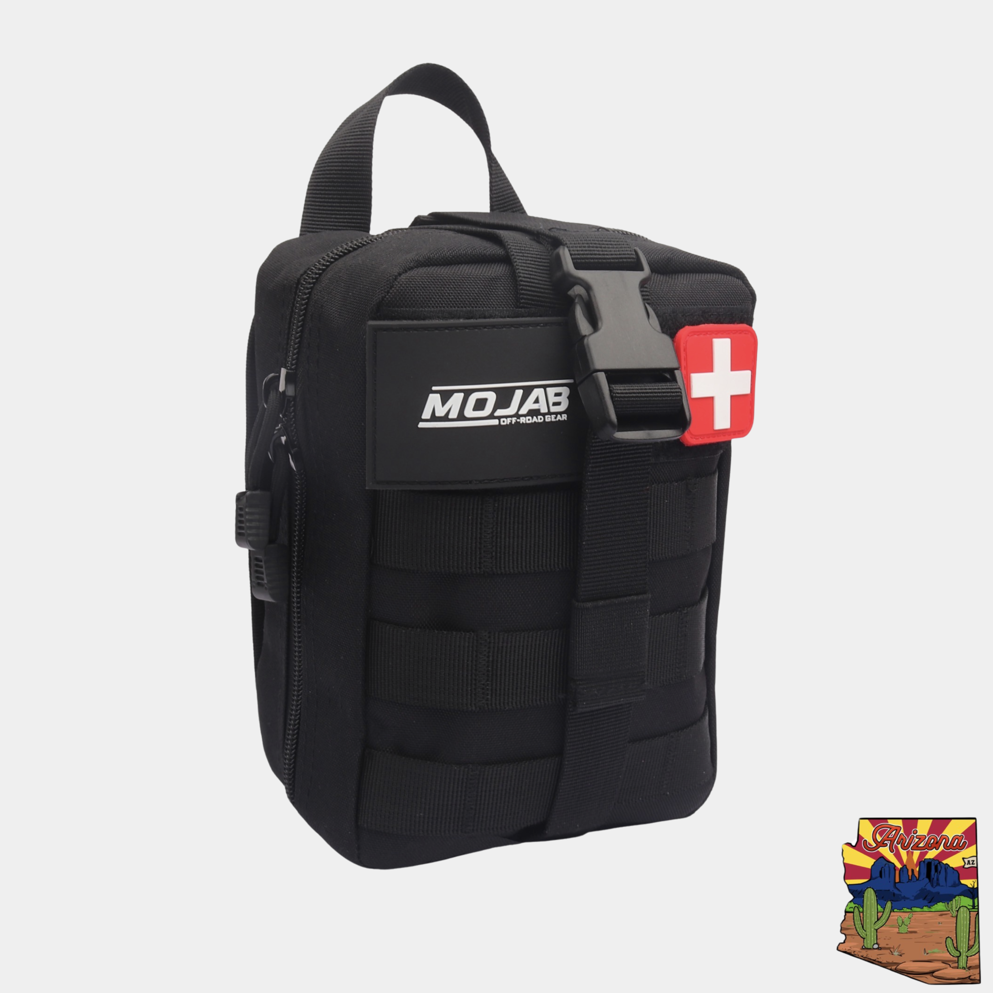 Compact 151-piece black first aid kit with tactical pouch, Velcro fastening, and medical supplies for emergencies.