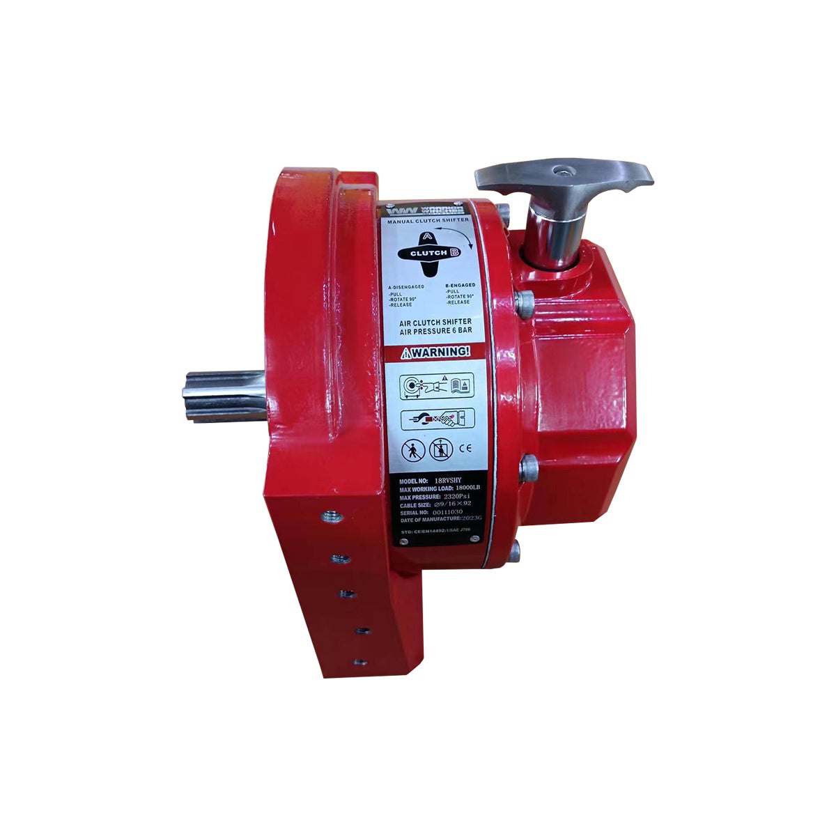 Red Gearbox GBT15RVSHY winch gearbox with control handle and warning label