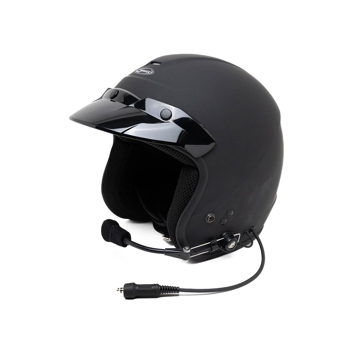 GMax OF-2 open face DOT approved motorcycle helmet with removable liners and five snap visor design