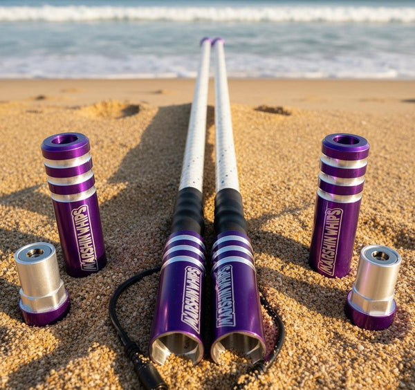 Game Changer purple off-road whip set with strong internal rod and LED lights on sandy beach