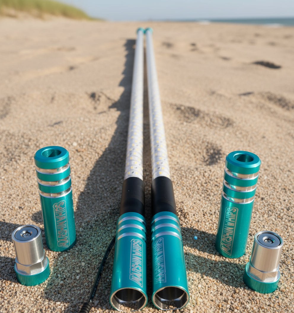 Teal Game Changer Whips with strong internal rod and bright LED lights for off-road use