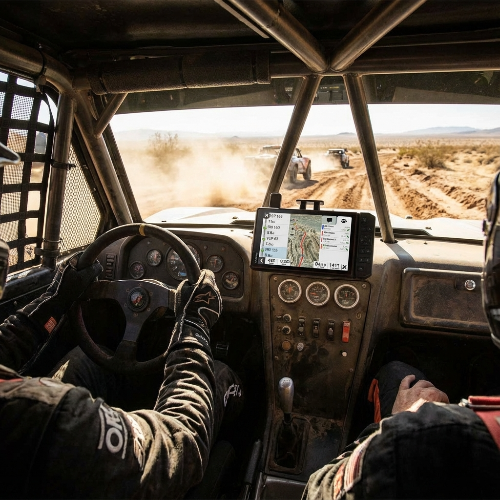 Garmin Tread XL Baja Series off-road racing GPS navigator mounted inside a race truck showing live race tracking on a 10-inch screen