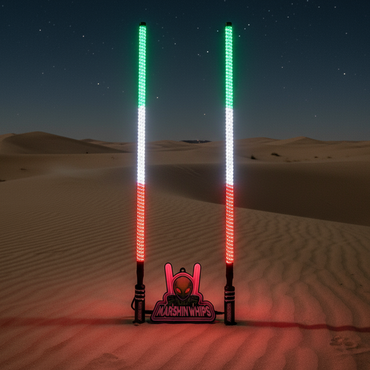 Game Changer green white red LED whip lights with magnetic base in desert night setting