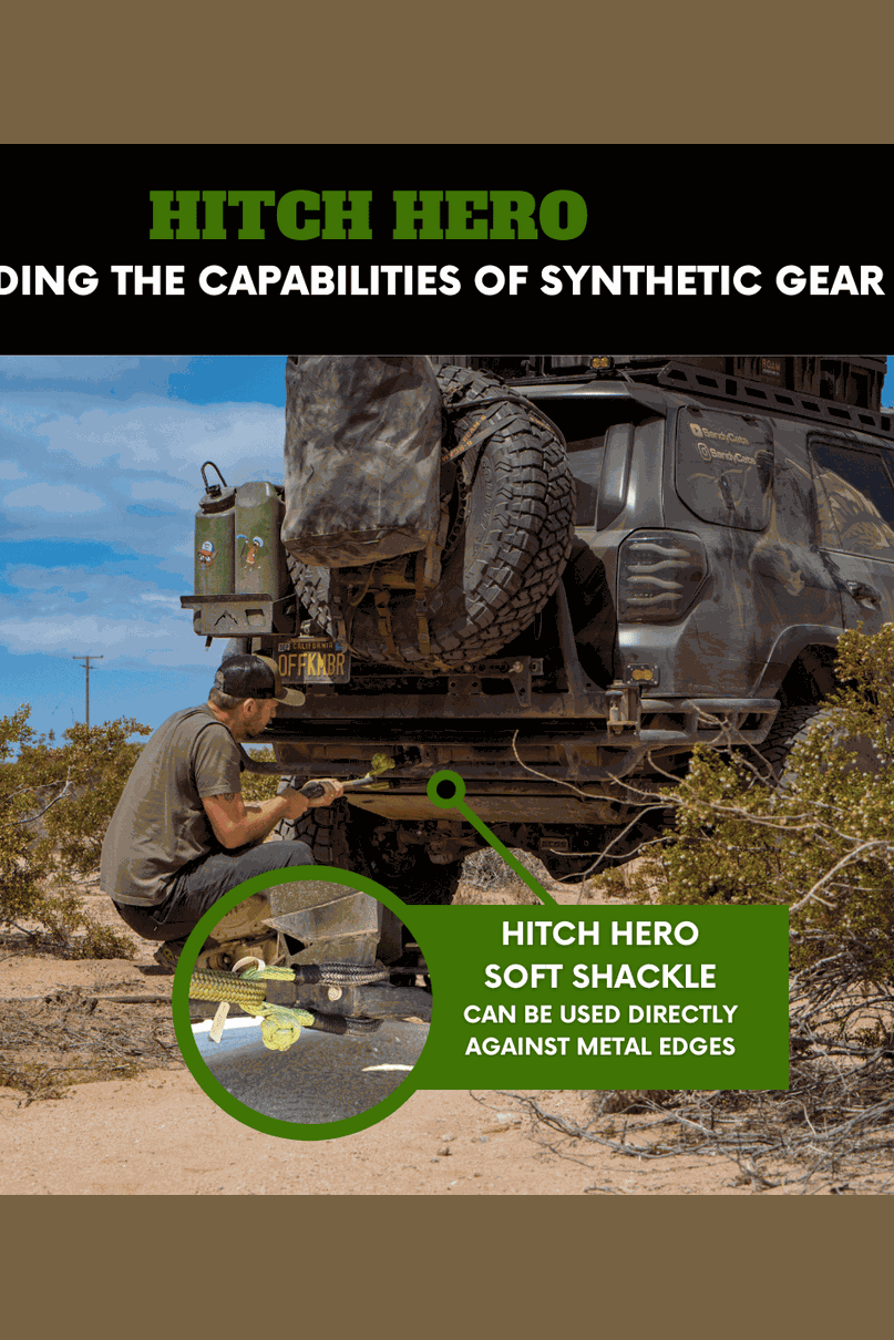 Hitch Hero Soft Shackle used with vehicle, durable polyethylene for towing tough conditions.