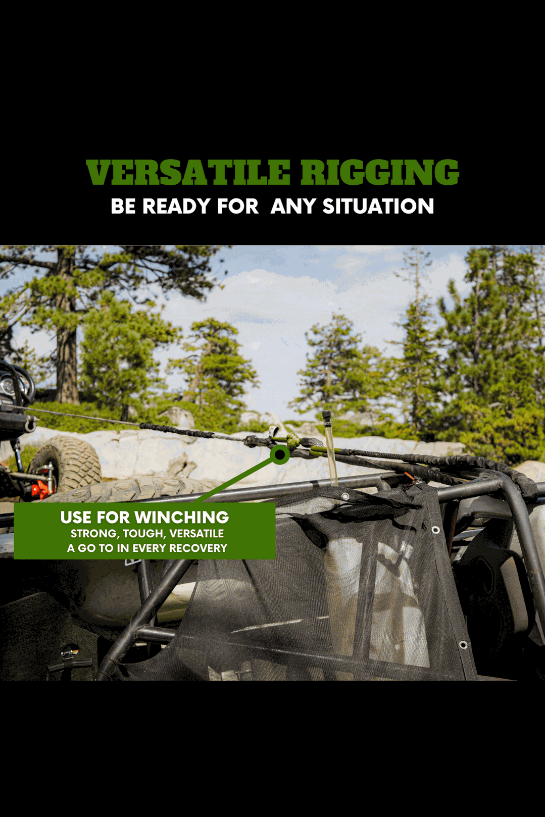 Versatile rigging setup with Hitch Hero Soft Shackle for winching, strong and tough for SUVs and pickups.