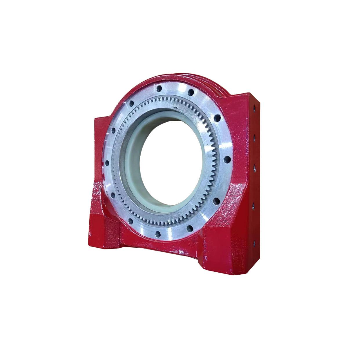 Red casting plate drum end bearing HV1500032 with gear teeth and mounting holes