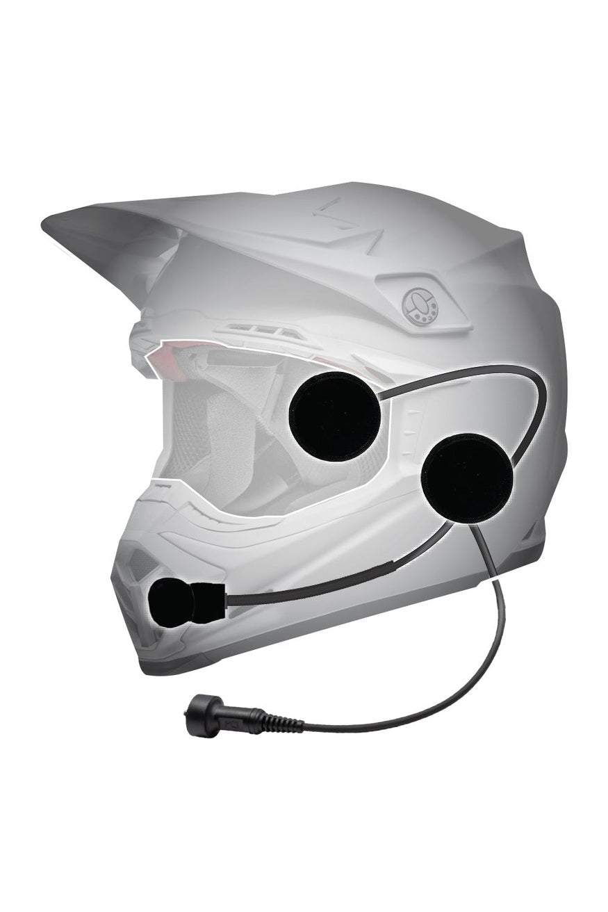 Motorcycle helmet wiring kit with M2 speakers, featuring high gain microphone and waterproof plug.